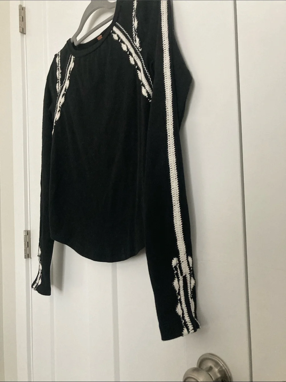 Free People Black Crewneck Sweater with White Stitch Accents